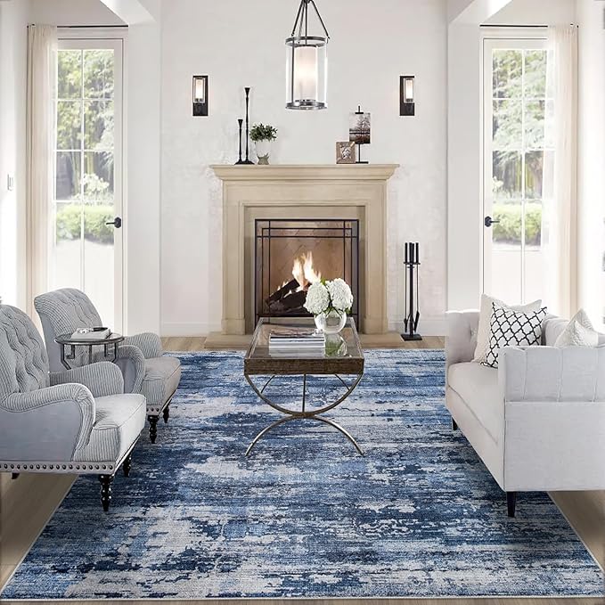 Area Rug Living Room Rugs: 5x8 Rug for Bedroom Machine Washable with Non Slip Backing Non Shedding Abstract Stain Resistant Large Carpet for Dining Room Nursery Home Office - Beige/Blue