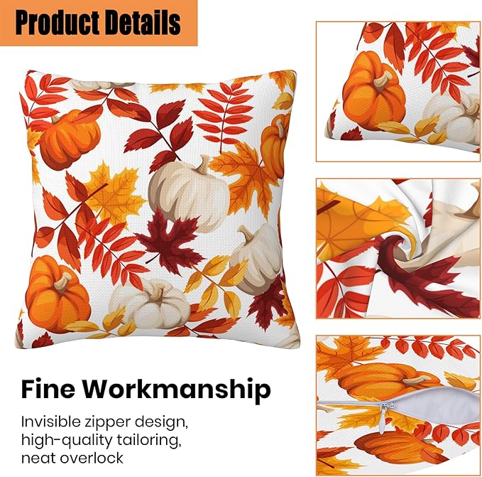 Fall Pillow Covers 18X18 Set of 2, Fall Pumpkins Maple Leaves Decorative Throw Pillow Covers, Autumn Thanksgiving Harvest Pillow Cover Pillowcase Cushion Case for Home Sofa Couch Indoor Outdoor