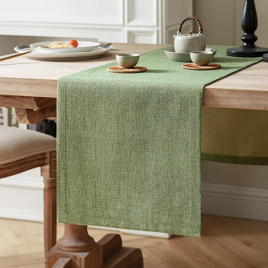 ZeeMart Burlap Style Farmhouse Table Runners 60 Inches Long, Green Rustic Woven Dining Table Runner for Everyday Use, 14x60 Inches, Grass Green