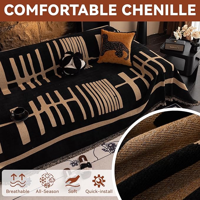 VClife Modern Couch Cover Washable Soft Couch Covers for 3 Cushion Couch Sofa, 1 PC Thick Soft Khaki Black Jacquard Sofa Cover for Sectional Couch (71"x134")