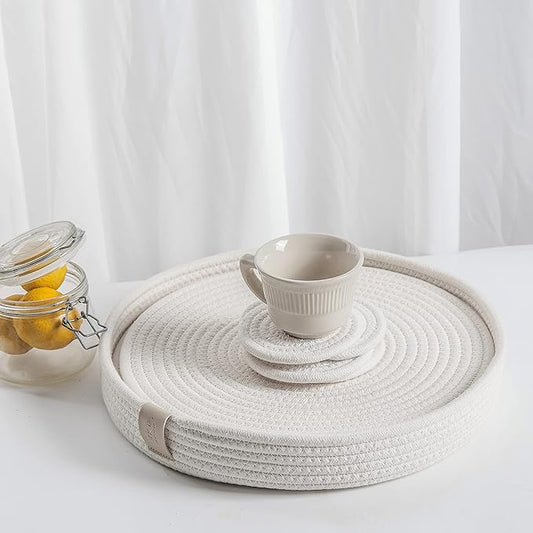 Art PineCone's Woven Cotton Rope Round Placemats Set of 4 with Holder Included, Non-Slip, and Heat Resistant Shabby Chic Placemats (Off White, 13 inch Plus Coaster)