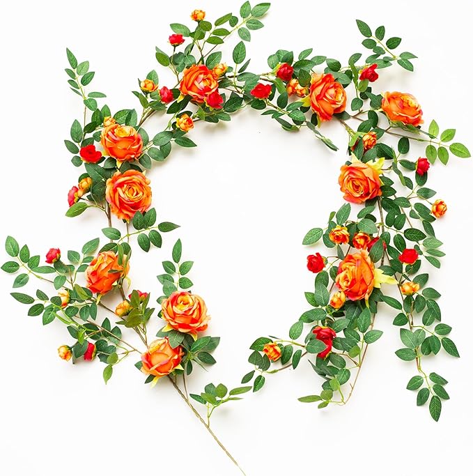 6FT Bendable Flower Garland, Artificial Rose Vine Hanging Floral Garland Decoration for Weding Home Room Wall Decor (Orange, 2pcs)