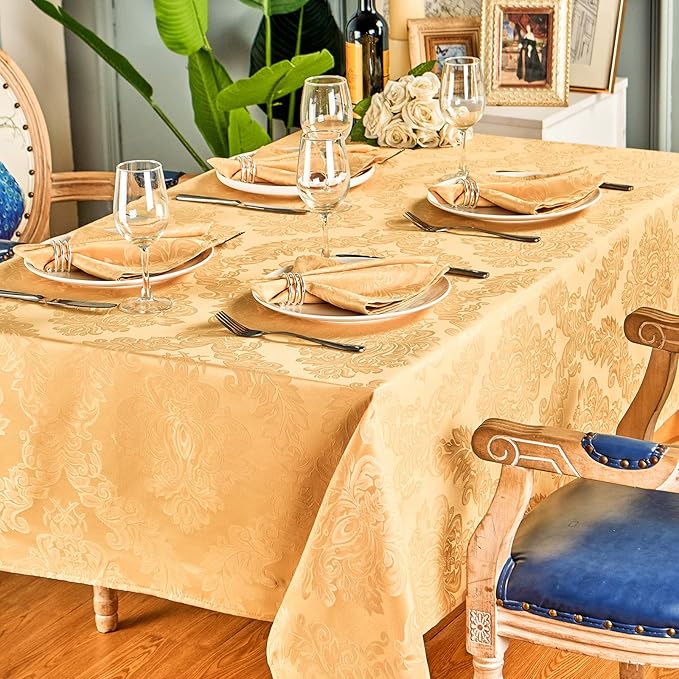 Rectangle Table Cloth Linen Farmhouse Stainproof Waterproof Washable Polyester Oblong Rectangular Fabric Table Cover for Kitchen Dining Dinner (Gold, 52 X 70 Inch)