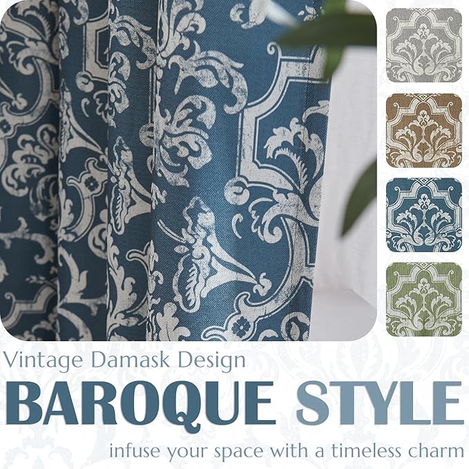 jinchan Room Darkening Curtains for Bedroom Blue Damask Patterned Curtains 108 Inch Length for Living Room Linen Textured Vintage 9FT Long Drapes Medallion Window Treatments Grommet Top 2 Panels Set