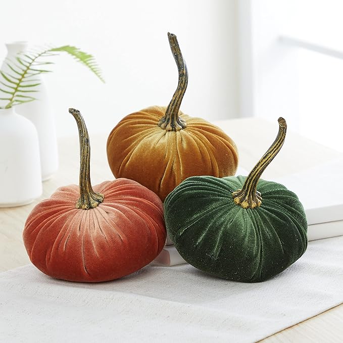 Your Heart's Content Set of 3 Small Velvet Pumpkins, Trending Home Decor, Modern Rustic Wedding Decor, Thanksgiving, Autumn tablescape, Gift for (Sm Harvest Gold Olive)