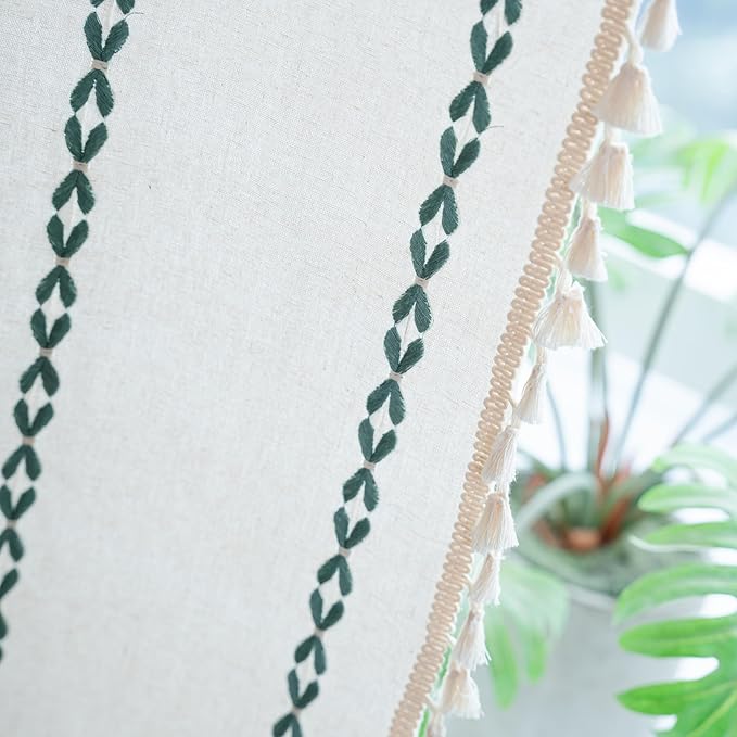 Sutuo Home Boho Curtains for Dining Room Kitchen, Semi Blackout Farmhouse Vintage Tassels Window Treatment Bohemian Embroidery Drape, Rod Pocket 1 Panel 52" W x 63" L, White and Emerald Green