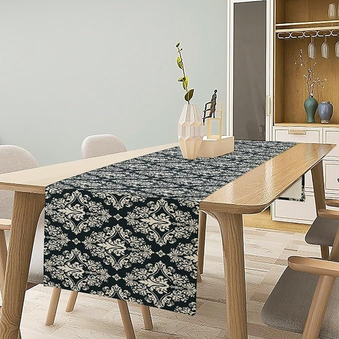 Damask Pattern Table Runner ,Exquisite Black White Baroque Table Runner for Kitchen Dining Party Decor 13x90in