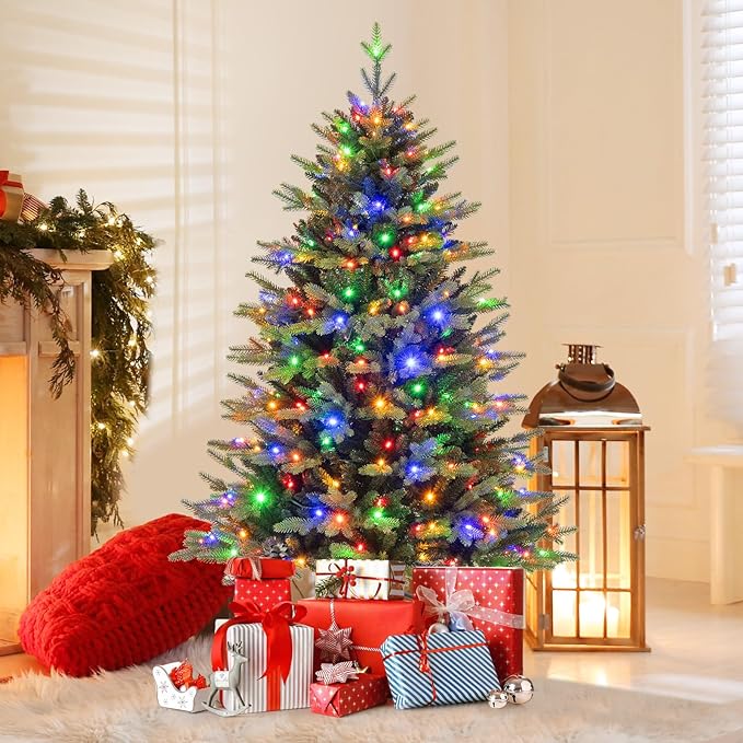 Happygrill 5 FT Pre-Lit Artificial Christmas Tree, Hinged Xmas Tree w/ 844 Branch Tips, 250 LED Lights, 11 Lighting Modes, 3 Auto Timers, 4-Level Brightness & Remote Control, Decoration Tree for Party