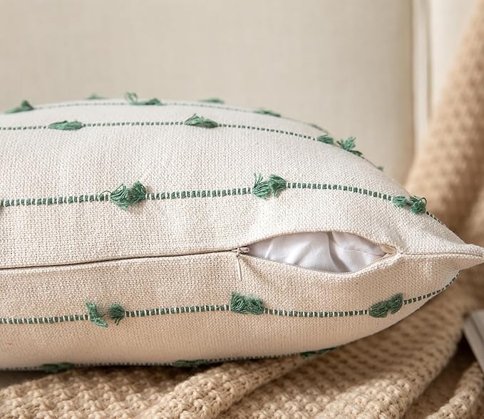 Caflife Boho Throw Pillow Covers 18x18 inches Beige and Green, Set of 2 Modern Farmhouse Decorative Pillow Covers for Couch Bed, Living Room