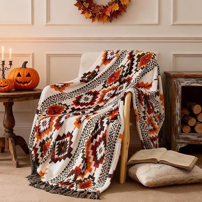 CASAAGUSTO Boho Throw Blanket - Orange and Green Decorative Blankets with Tassel, Printed Flannel Bohemian Blanket for Chair, Bed, Sofa, Couch(50 * 60, Orange and Green)