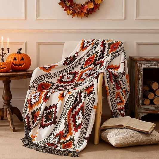CASAAGUSTO Boho Throw Blanket - Orange and Green Decorative Blankets with Tassel, Printed Flannel Bohemian Blanket for Chair, Bed, Sofa, Couch(50 * 60, Orange and Green)