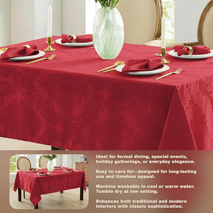 Newbridge Barcelona Damask Fabric Tablecloth, 60 x 84 Inch Rectangle, Red – No Iron, Soil Resistant Table Cover for Dining, Parties and Holidays