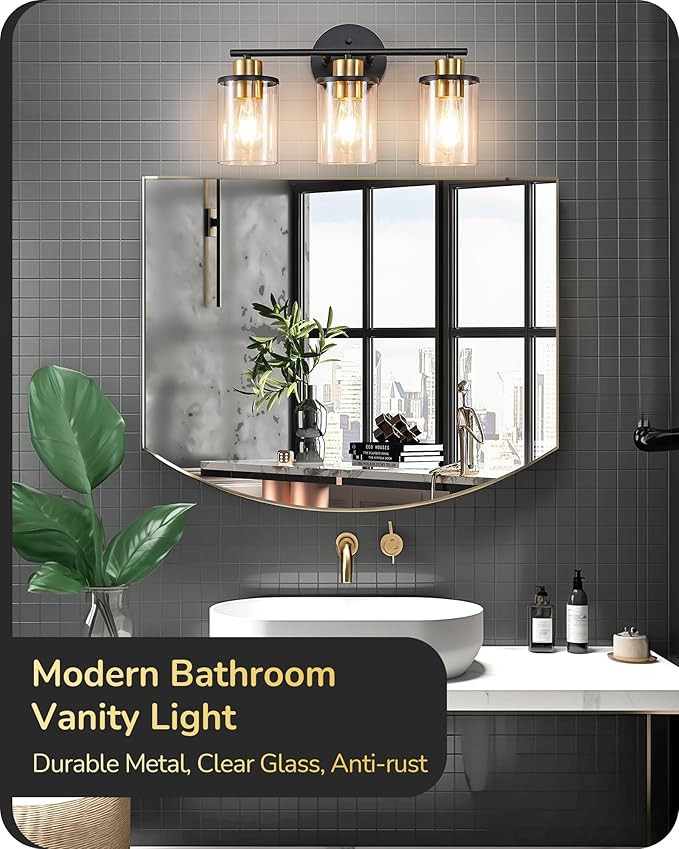 EDISHINE Bathroom Light Fixtures, 3-Light Bathroom Vanity Lights Over Mirror, Modern Bath Wall Sconce Lamp with Clear Glass Shade for Powder Room, Vanity Table, Mirror, Kitchen Black and Gold