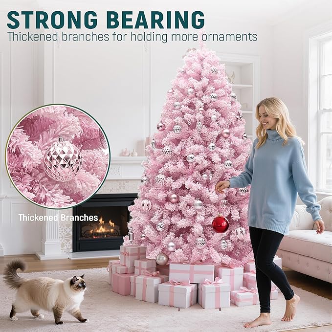 YITAHOME 7.5 FT Prelit Pink Flocked Christmas Tree, Pre-Lit Pink Spruce Artificial Christmas Tree with 1346 PVC Flocked Tips and 550 Warm-White Lights for Home, Office Decoration