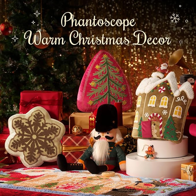 Phantoscope Merry Christmas Snowflake Shaped Throw Pillow, Velvet Xmas Embroidered Snowflake Pillow Decorative Christmas Cushion Pillow for Couch Living Room Bed, Brown, 16 x 16 inches