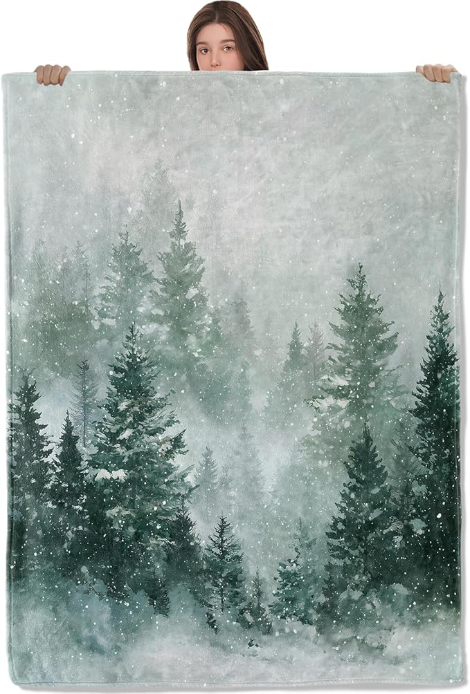 Snowy Pine Flannel Throw Blanket, 50"x60", Winter Forest, Soft Warm Lightweight Blankets, Machine Washable, Nature Lovers Gifts, Outdoor Indoor Travel Hiking Nap Throw, Home Decorate