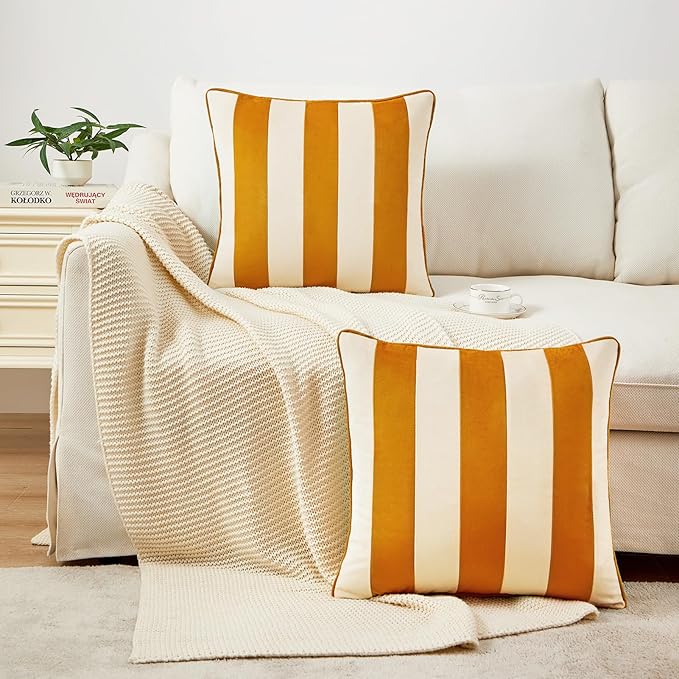 MONDAY MOOSE Decorative Throw Pillow Covers Cushion Cases, Set of 2 Soft Velvet Striped Piping Edge Designs, Pillow Inserts Not Included (Honey/Cream, 18x18 inch)