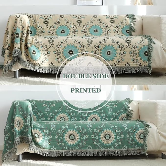 Boho Throw Blanket for Bed 100% Cotton Ultra Soft Rustic Quilt Fall Blanket Floral Printed Farmhouse Decor Bed Blankets,60"×80" All Season Rustic Throw for Sofa Couch Chair
