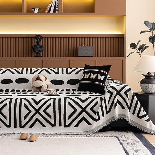 VClife Boho Couch Cover Soft Chenille Sofa Cover for Sofa Bed, 1 Piece XXL Couch Covers for 3 Cushion Couch Sofa Washable Black White Jacquard Pattern Sofa Protector for Living Room 71''x150''