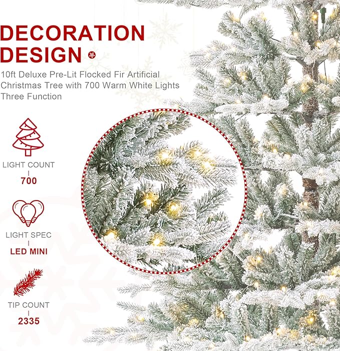 Glitzhome 10ft Prelit Christmas Tree, Artificial Flocked Christmas Tree with 2335 PE&PVC Branch Tips, Deluxe Majestic Frostfall Fir Holiday Tree w/700 Warm White Lights, Three Function, Easy Assembly