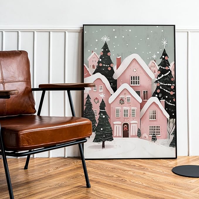 OZCONO Pink Christmas Town Wall Art, Winter Village Print, Whimsical Christmas Decor, Christmas Farmhouse Design Idea, Xmas Seasonal Art (Unframed) (16x24)
