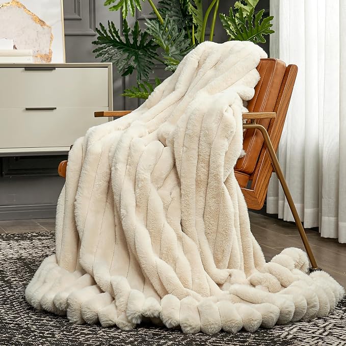 Cozy Bliss Faux Fur Throw Blanket for Couch, Cozy Warm Plush Striped Blanket for Sofa Bedroom Living Room, 108 * 90 Inches Beige