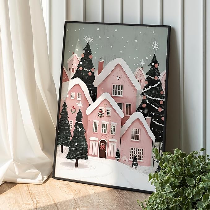 OZCONO Pink Christmas Town Wall Art, Winter Village Print, Whimsical Christmas Decor, Christmas Farmhouse Design Idea, Xmas Seasonal Art (Unframed) (12x18)