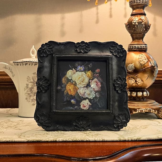 SYLVIA'S SHOP 4x4 Small Vintage Picture Frame, Antique Black Ornate Square Photo Frame, for Tabletop and Wall Display, Decorative Floral Design Retro Home Decor, Photo Gallery Art