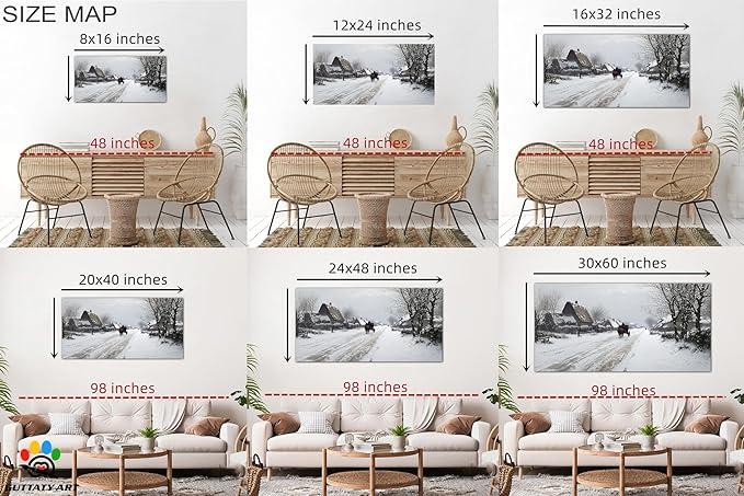 GUTTATY Christmas Winter Scene Canvas Wall Art, Countryside Snow Pictures, Rustic Wall Decor with Horse Carriage, Serene Canvas Painting for Living Room, Bedroom, Holiday Home Decor, 40x20 Inch