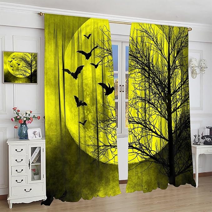 Gothic Crow Blackout Window Curtains, Halloween Horror Crow Print Window Drapes, for Living Room Bedroom 31.5(W)*72(L) 2 Panels