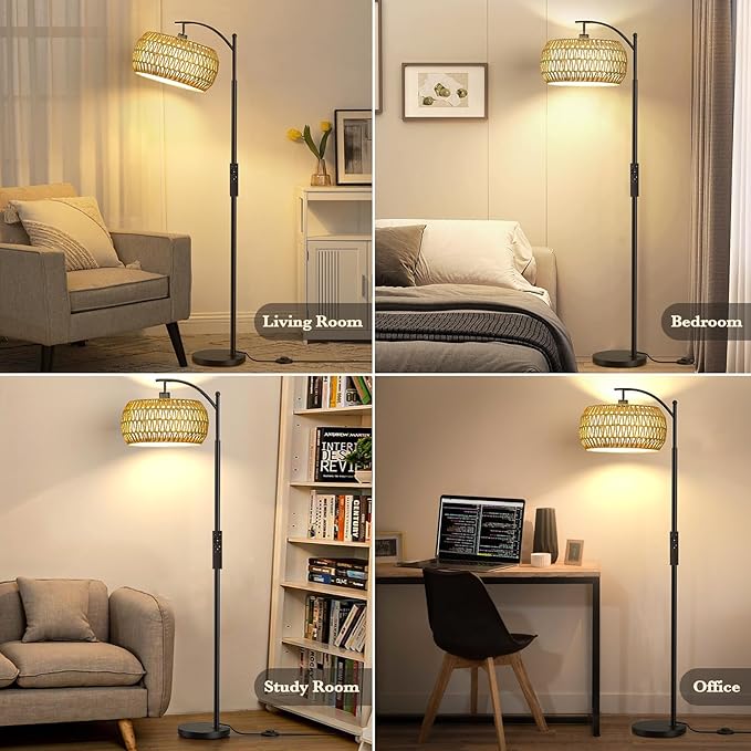 Arc Floor Lamps with Remote Control and Stepless Dimmable Color Temperature and Brightness Rattan Floor Lamps with Rattan and Cloth Dual Lampshade Standing Lamp for Living Room Bedroom, Black