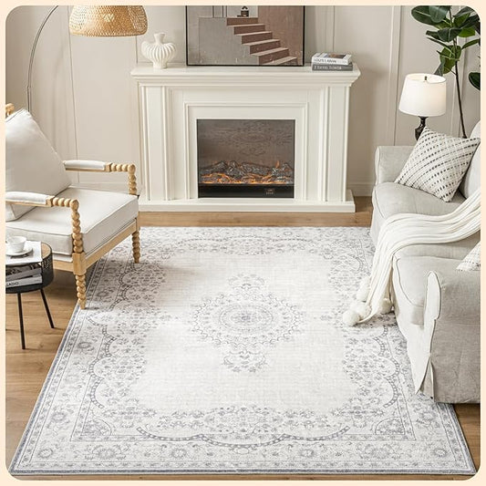 Istana 6x9 Area Rugs - Grey/White Cream Rugs for Living Room - Luxurious Silk's Soft Touch Living Room Rug - Elegant Non Slip Area Rug