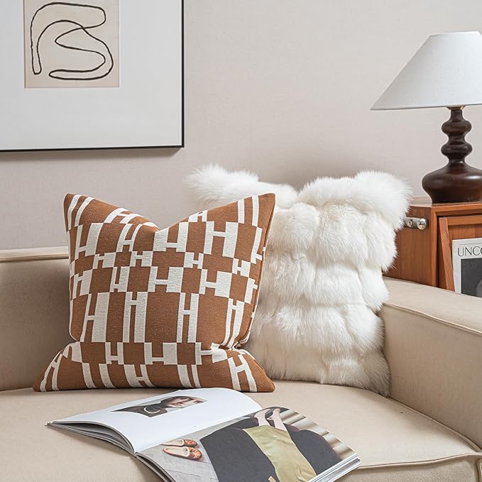 2025 New 20x20'' inches Throw Pillow Cushion Covers - Caramel H Letter Chenille Jacquard Embroidery Luxury Modern Style Couch Sofa Bed Pillow Cover for Living Room Bedroom