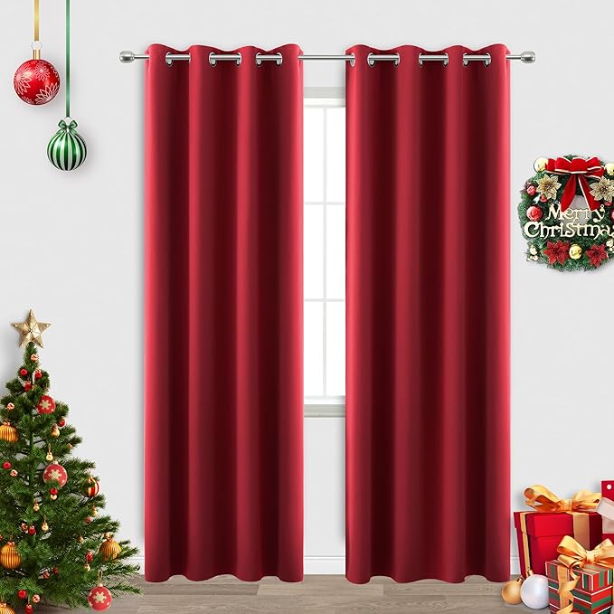 KOUFALL Christmas Red Curtains for Living Room,Blackout Grommet Winter Holiday Window Decorative Xmas Curtain Drapes 84 Inches Long 2 Panels Cortinas De Navidad para Sala Rojas