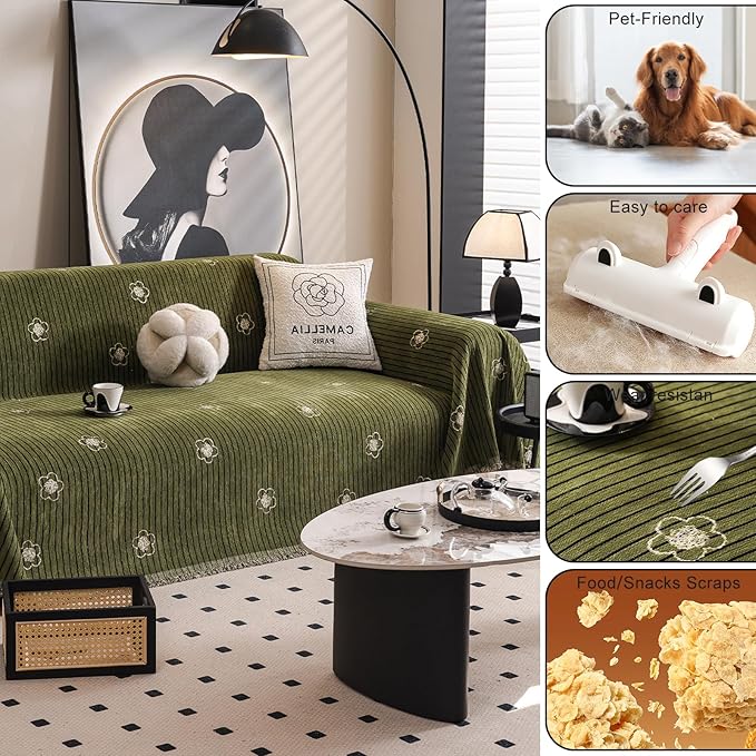 ROOMLIFE Green Sofa Cover, Extra Large Boho Couch Cover Sofa Covers for 3 Cushion Couch, Soft Chenille Sofa Cover for Dog, Washable Furniture Sofa Protector Cover Blanket with Tassel 71 '' X 150''
