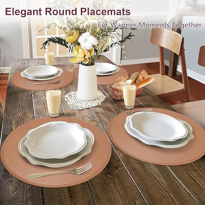 Round Vinyl Pink Placemats Set of 6, Faux Leather Waterproof Wipeable Heat Resistant Place Mats, Washable Table Mats for Halloween, Thanksgiving & Christmas Dinner(Pink)