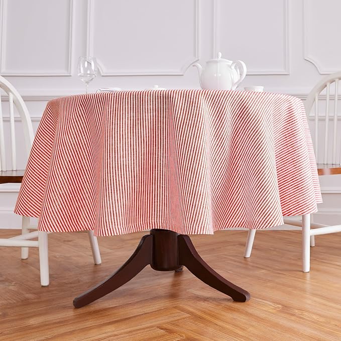 Solino Home Linen Round Tablecloth 70 Inch - Narrow Stripe, 100% Pure Linen Red and White Round Tablecloth - Machine Washable Table Cloth for Christmas