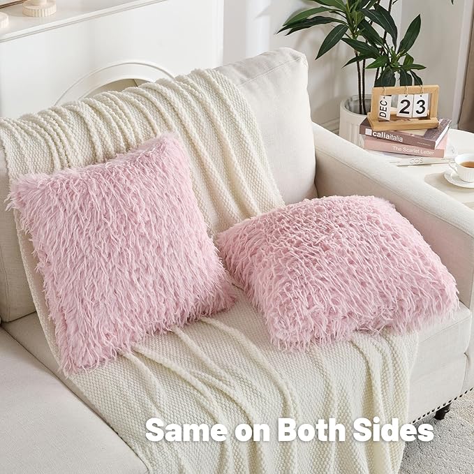 FUTEI Pink Decorative Throw Pillow Covers 18x18 Inch Set of 2,Soft Fluffy Faux Feather Texture Cushion Cases,Modern Home Luxury Decor for Couch Bed Living Room