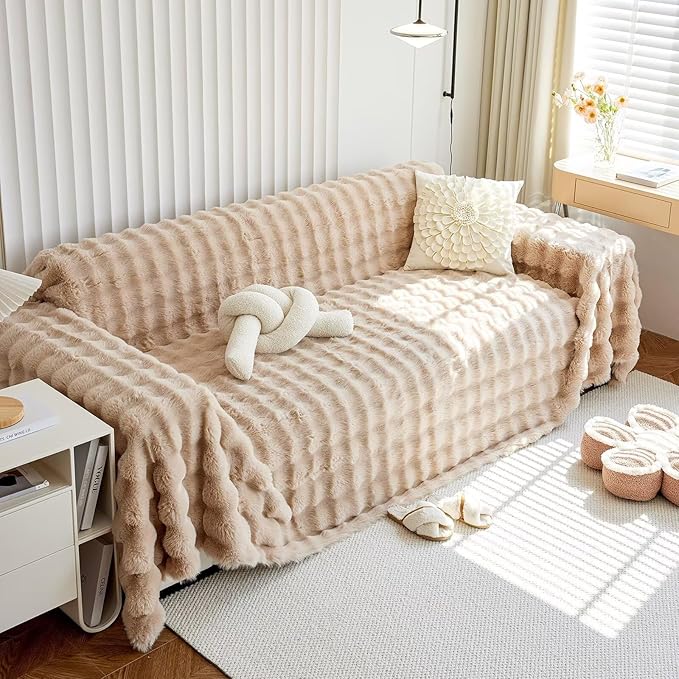 VClife Soft Plush Faux Fur Couch Cover, Warm Fuzzy Khaki Sofa Covers for 2 Cushion Couch Sofa (71"x118") Non Slip Couch Covers for Dog Cat Washable Thick Furniture Protector for Pets