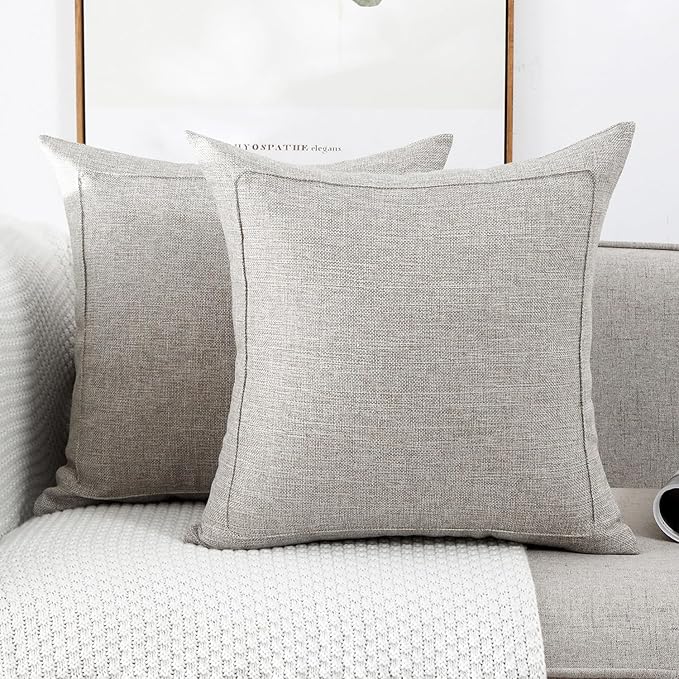 Jepeak 18x18 Inch Burlap Linen Throw Pillow Covers, Pack of 2 Decorative Farmhouse Rustic Neutral Pillow Cases Square Durable Cushion Cover for Sofa Couch Bed Home Decor, Beige/Khaki Threads
