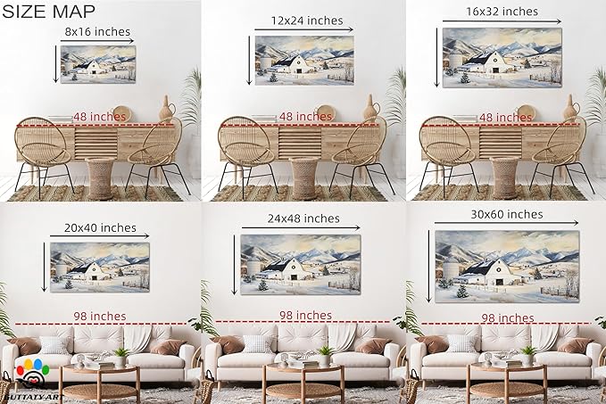 GUTTATY Christmas Winter Farm Canvas Wall Art, Snowy Mountain Scene Canvas Prints, Rustic Barn Painting Pictures for Living Room, Holiday Wall Decor, Country Landscape Poster Artwork, 40x20 Inch