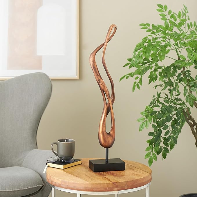 Deco 79 Polystone Abstract Decorative Sculpture Abstract Home Decor Statue with Rectangle Black Base, Accent Figurine 6" x 4" x 28", Bronze
