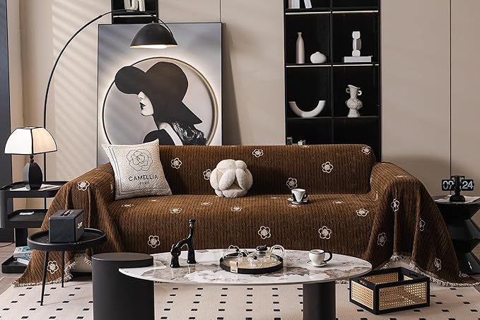 ROOMLIFE Boho Couch Covers Brown for 3 Cushion Sofa, Chenille Couch Cover Sectional Sofa Cover for Dog, Washable Furniture Sofa Protector Cover Soft Blanket with Tassel for Living Room, 71 '' X 118''