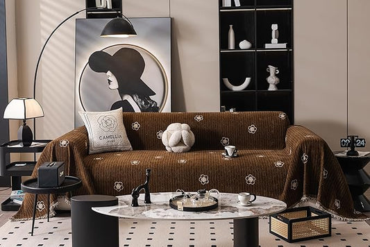 ROOMLIFE Boho Couch Covers Brown for 3 Cushion Sofa, Chenille Couch Cover Sectional Sofa Cover for Dog, Washable Furniture Sofa Protector Cover Soft Blanket with Tassel for Living Room, 71 '' X 118''
