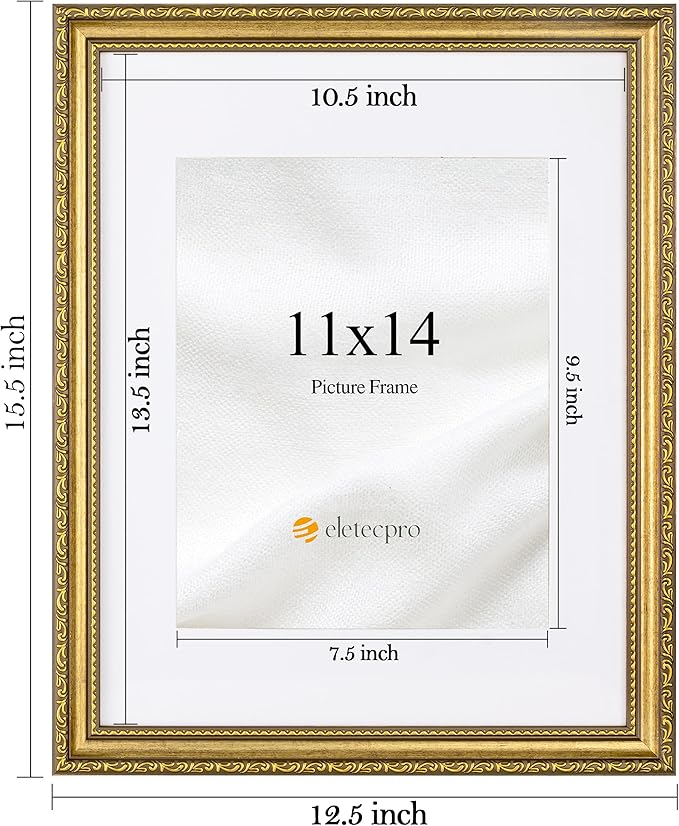 eletecpro 11x14 Picture Frames Set of 2, Vintage Photo Frame with Glass, Ornate Gold Frames 11 x 14 Display 8x10 Photo with Mat or 11x14 without Mat for Tabletop or Wall Decor, Gold