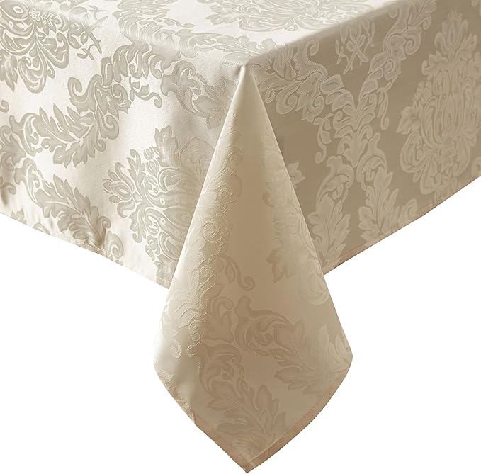 Newbridge Barcelona Luxury Damask Fabric Tablecloth, 90” Round, Golden Beige, 100% Polyester, No Iron, Soil Resistant Dining Room, Party and Banquet Table Cover