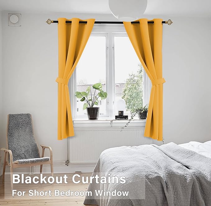 KOUFALL Yellow Cafe Kitchen Curtains 45 Inch Length for Spring Window Treatments,Set of 2 Panels Boho Short Blackout Curtains for Bathroom Window