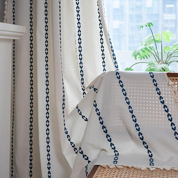 Sutuo Home Boho Curtains 84 inches for Bedroom Living Room, Semi Blackout Farmhouse Vintage Tassels Window Treatment Bohemian Embroidery Drape, Rod Pocket 1 Panel 52" W x 84" L, White and Navy Blue