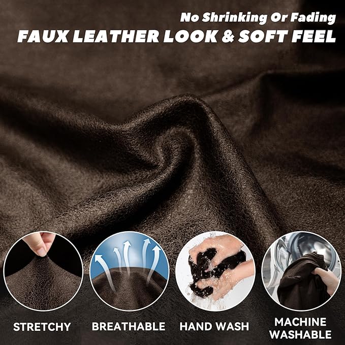 Sofa Slipcover with Armrest Pockets 4-Piece Set, Stretch Faux Leather Extra Large Couch Covers for 3-Cushion Couches(Fits 98-112") - Machine Washable, Pet & Kid Friendly - Dark Brown