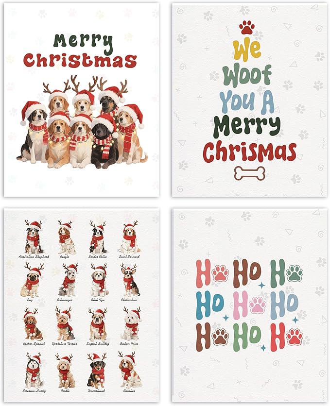 AEHIE Merry Christmas Funny dog Wall Art Poster Prints for Home, Dog Lovers Gifts Poster Prints, Cute Christmas Golden Corgi australian shepherd Pug Winter Animal Wall Art Unframed 4pcs 8x10inch